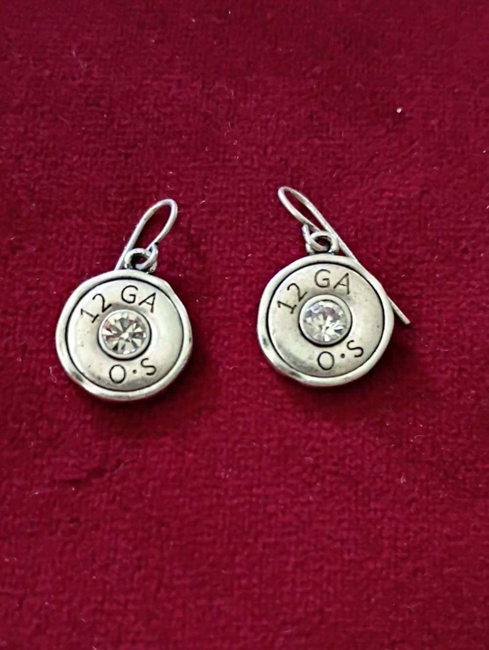 Silver Tone 12 GA Shell Casing Drop Earrings with Crystal